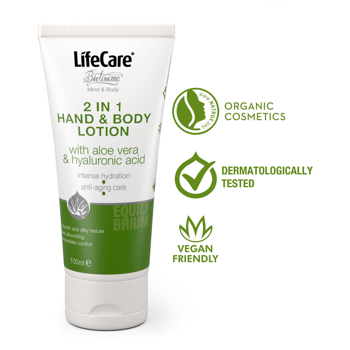 Loțiune 2 în 1 pentru mâini și corp, cu aloe vera BIO și acid hialuronic, EQUILIBRIUM