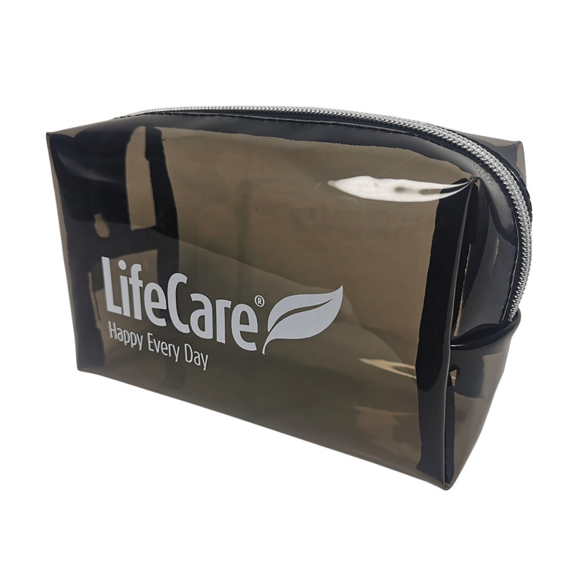 Cosmetic storage bag with zipper, gray-transparent
