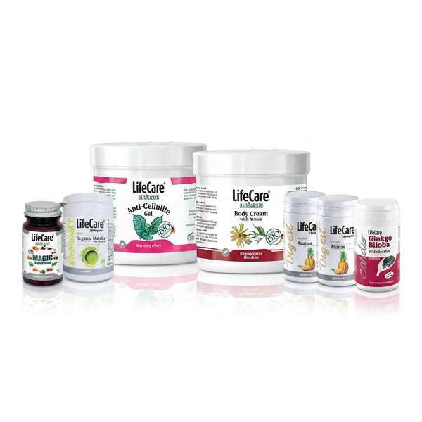 Program anticelulitic siluetă în 30 de zile: Magic SuperFood + Matcha Ecologică + Ginkgo Biloba cu lecitină + Ananas pentru digestie + Cremă de corp cu arnică montană BIO + Gel anticelulitic cu mentă BIO
