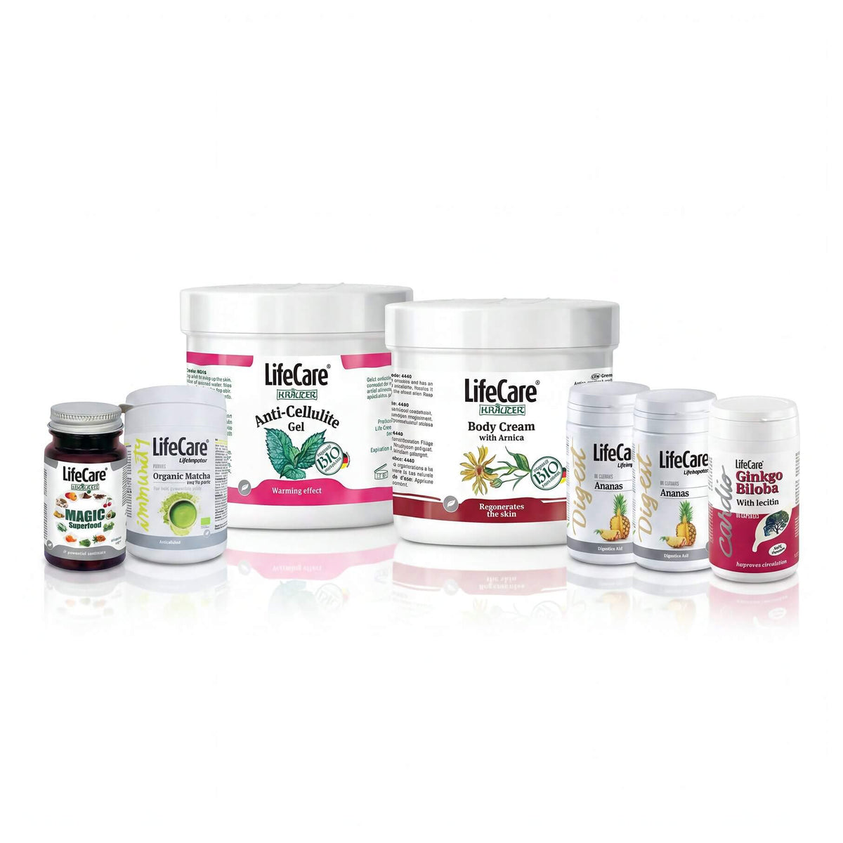 Program anticelulitic siluetă în 30 de zile: Magic SuperFood + Matcha Ecologică + Ginkgo Biloba cu lecitină + Ananas pentru digestie + Cremă de corp cu arnică montană BIO + Gel anticelulitic cu mentă BIO