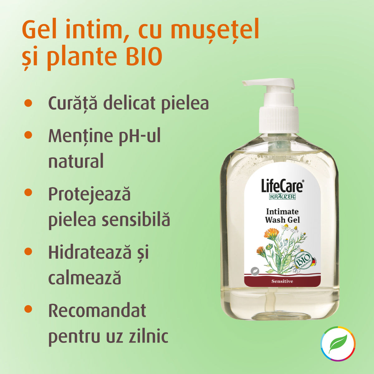 Gel intim, cu mușetel și plante BIO, PH specific