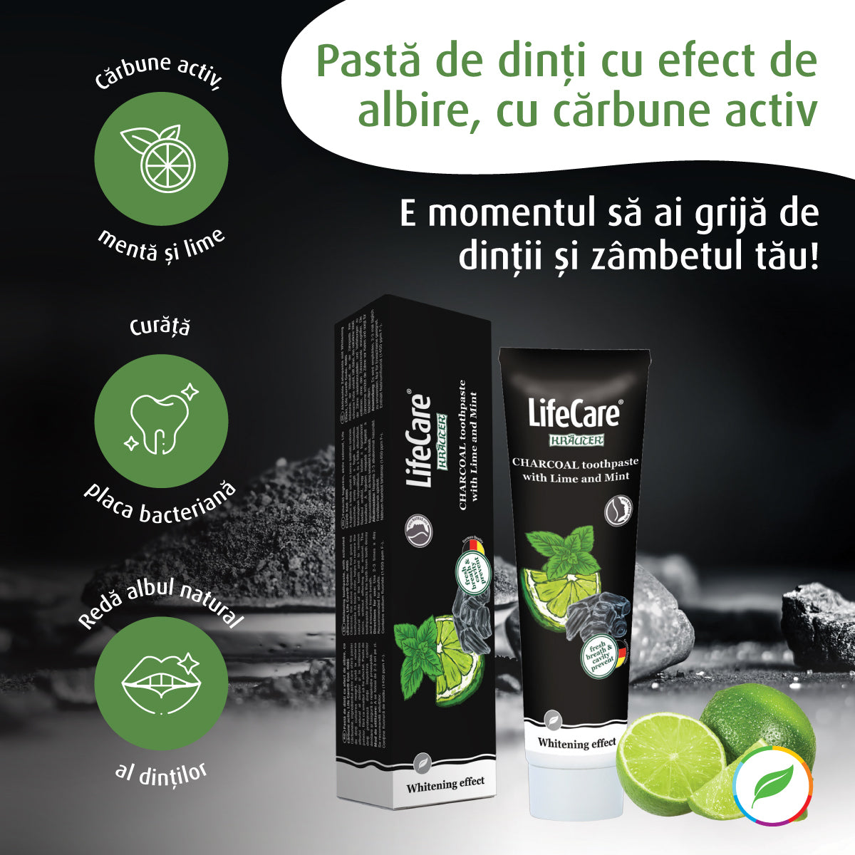 Pastă de dinți cu efect de albire, cu cărbune activ