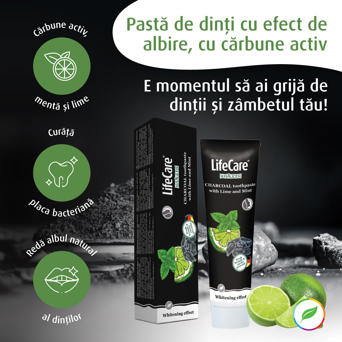 Pastă de dinți cu efect de albire, cu cărbune activ