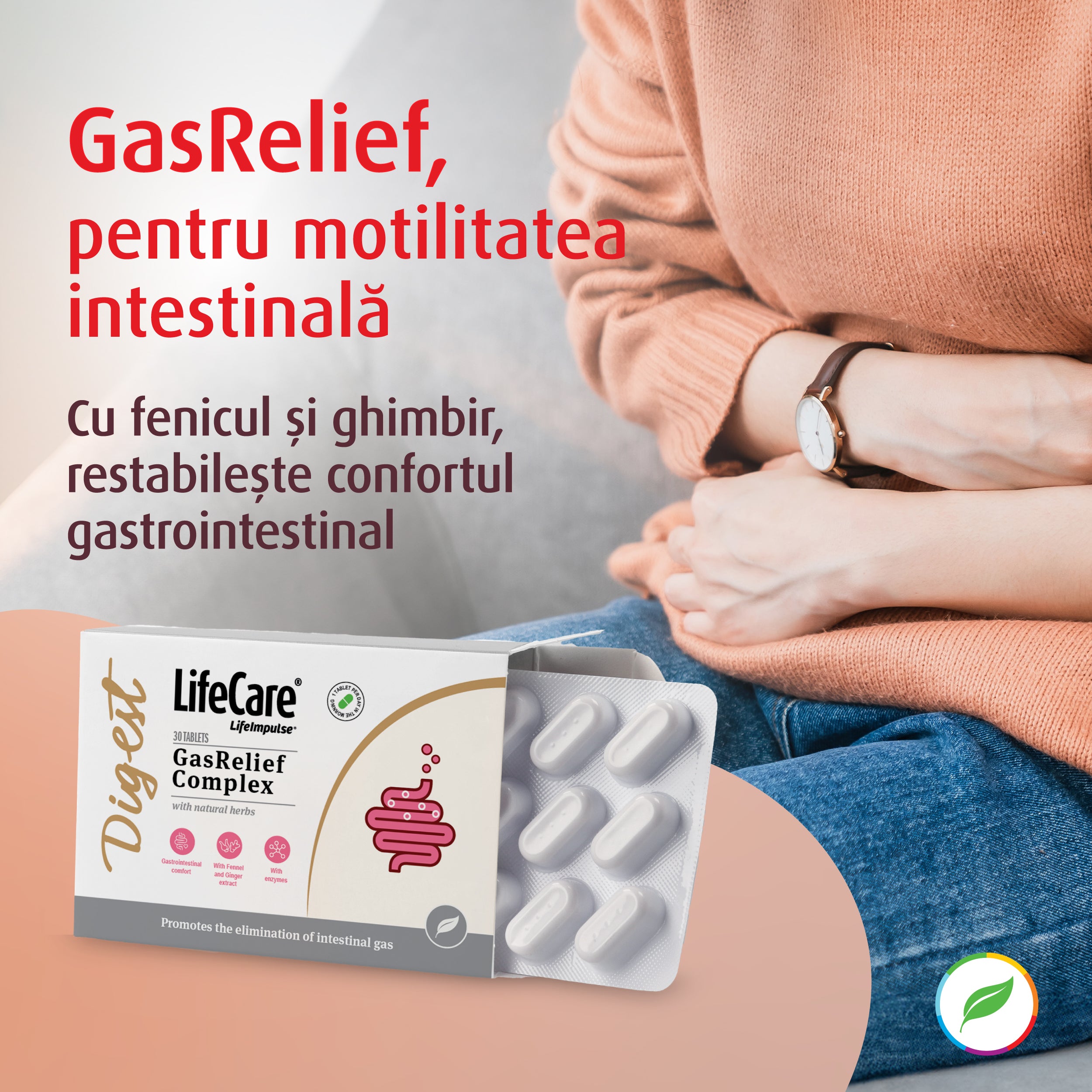Gasrelief complex, with natural plants, for intestinal motility