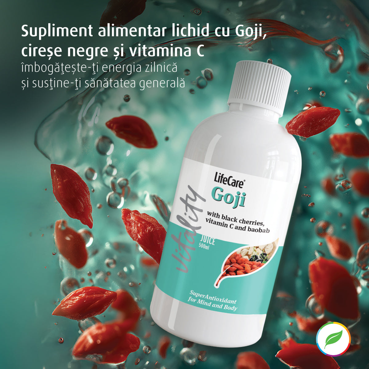 Supliment alimentar lichid cu Goji, cireșe negre și vitamina C
