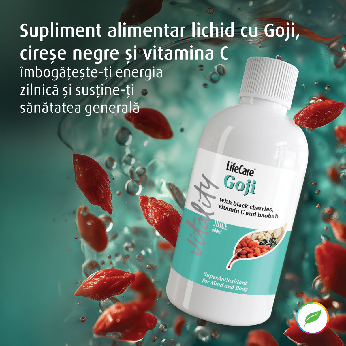 Supliment alimentar lichid cu Goji, cireșe negre și vitamina C